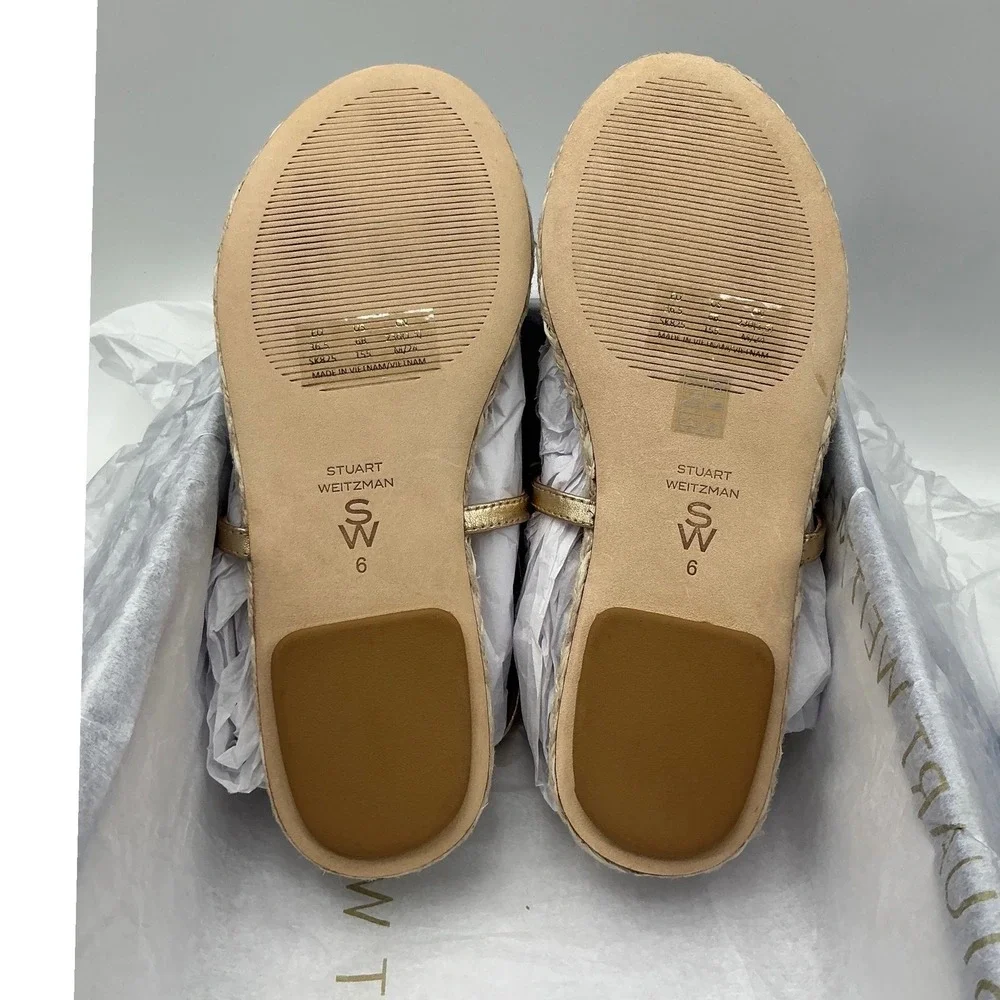 Stuart Weitzman Felicity Gold Metallic Leather Bow Espadrille‎ Sandals size 6